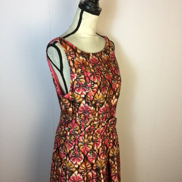 Muse Fit & Flare Dres Size 12 Woman Pink Yellow Abstract Sleeveless Belted Retro - Picture 12 of 14